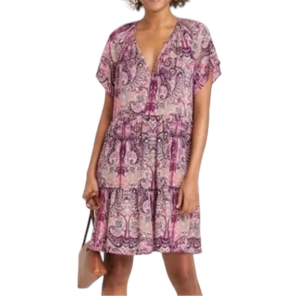 Nwot Knox Rose Flutter Short Sleeve Tiered Dress Crinkle Scroll Print Medium